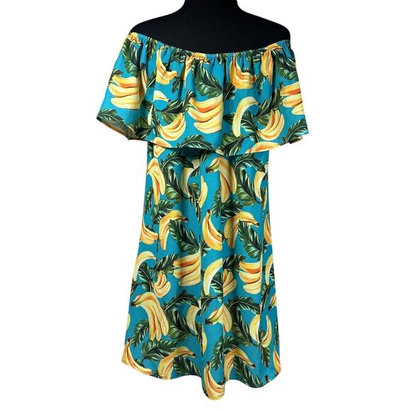 Show Me Your Mumu Off Shoulder Banana Graphic Print Mini Dress Teal Yellow Sz XL - Picture 7 of 13